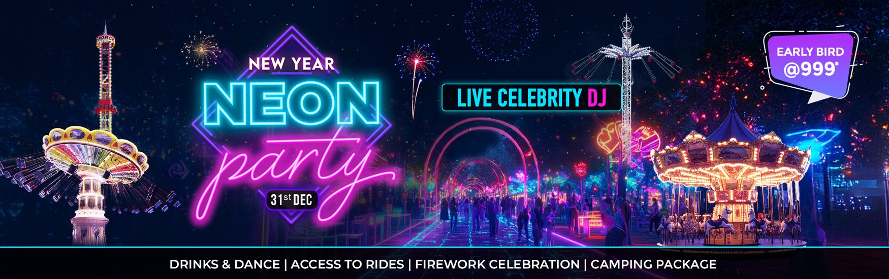 New Year NEON party with Live DJ Celebrity at Wet'njoy Lonavala park